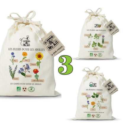 3 Kits de graines bio - Les fleurs pour les abeilles + Les plantes aromatiques + Les plantes à tisane